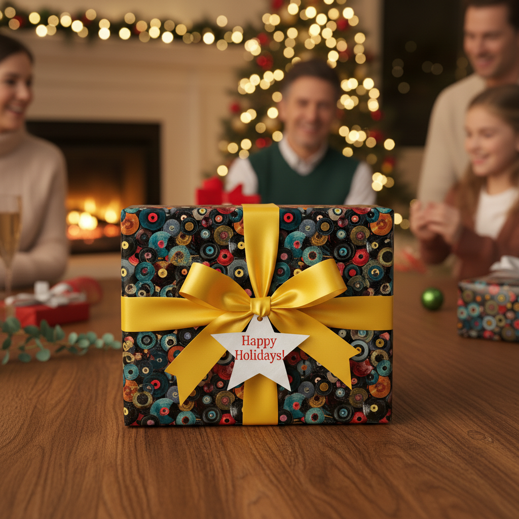 Stylish Christmas gift wrap with a retro circle pattern, gold ribbon, and a "Happy Holidays" tag.