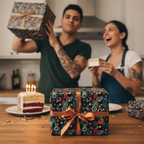 Gifts wrapped in modern patterned birthday wrapping paper with gold ribbon and a birthday cake.