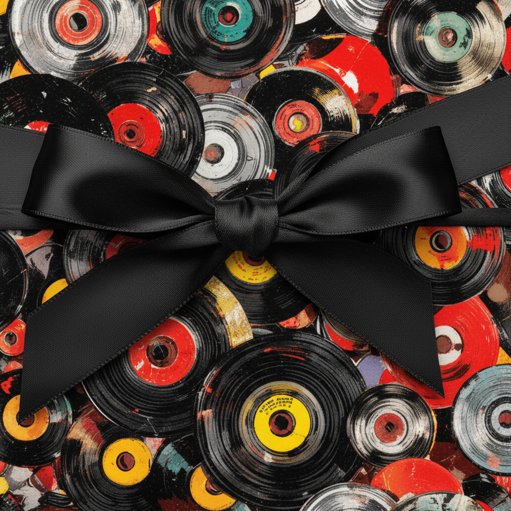 Vintage record wrapping paper with black ribbon on a square gift box.