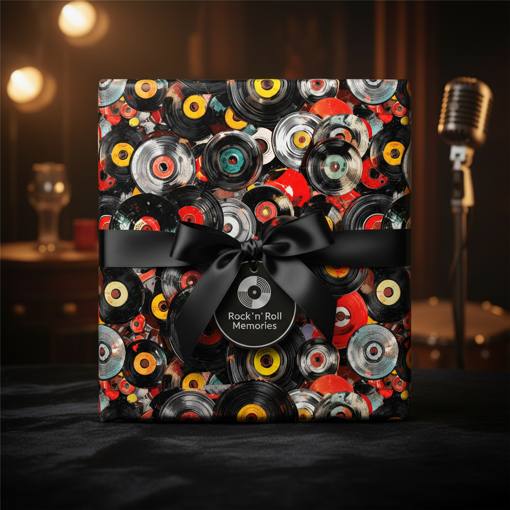 Retro vinyl record wrapping paper with black satin bow for music lovers, gift says "Rock 'n' Roll Memories".