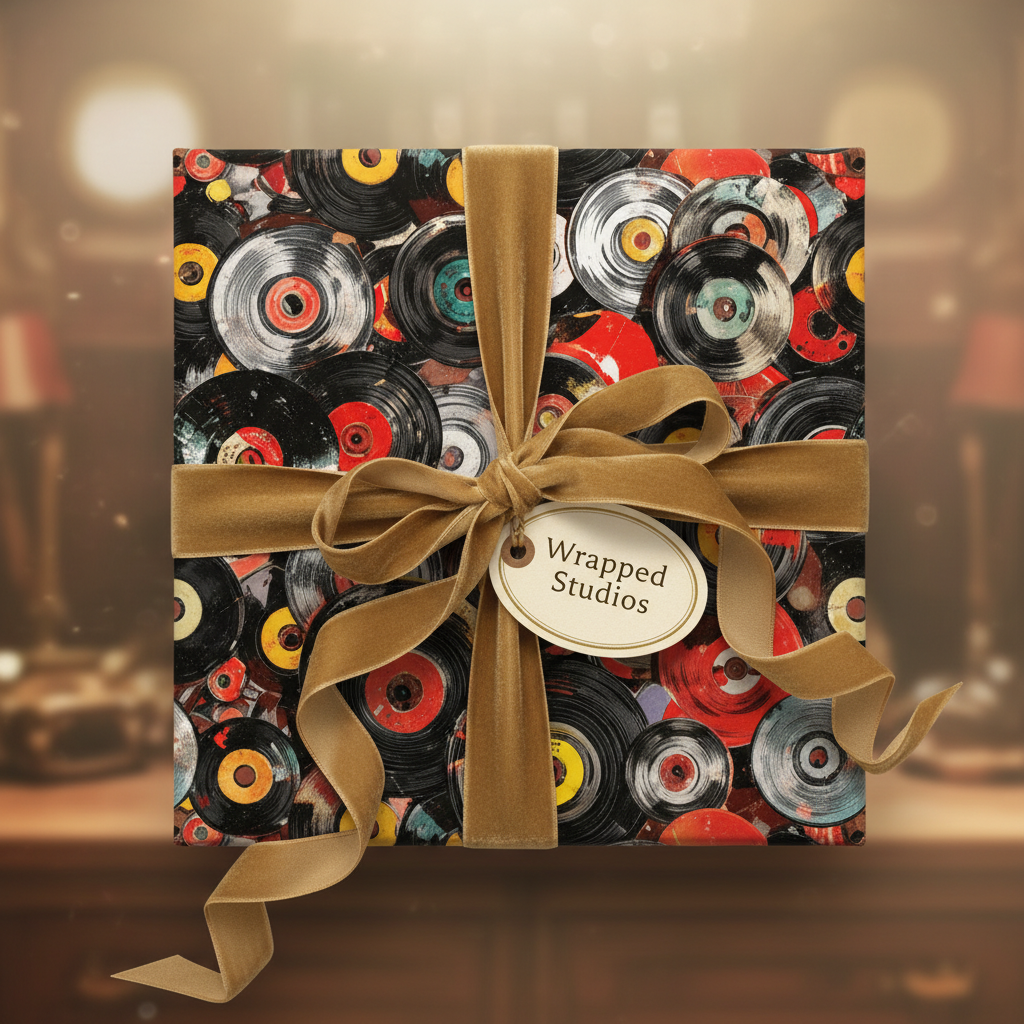Square gift box wrapped in retro vinyl record wrapping paper and gold velvet ribbon.