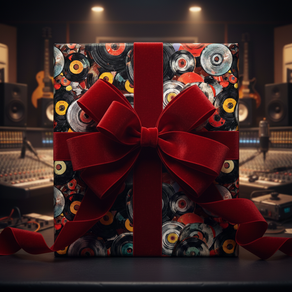 Gift box wrapped in vinyl record wrapping paper with a red velvet bow, set in a music studio.