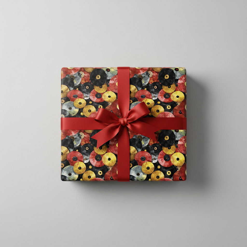 Square gift wrapped in modern circle patterned wrapping paper with a bright red satin bow.