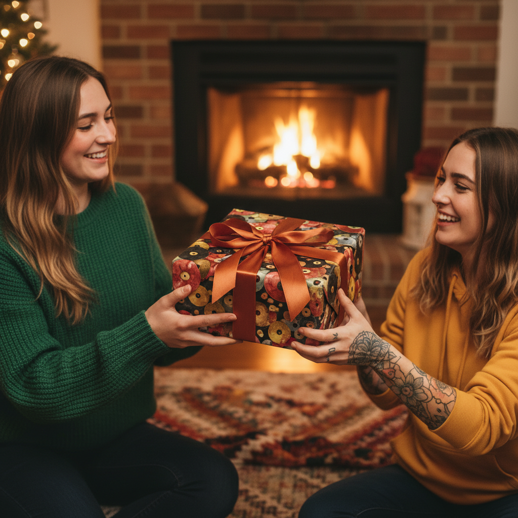 Two women exchange a gift wrapped in colorful floral wrapping paper with a copper-colored ribbon.