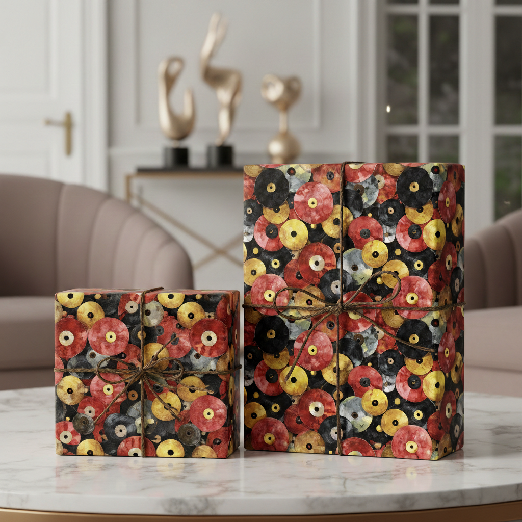 Gifts wrapped in vintage record print wrapping paper tied with rustic twine.