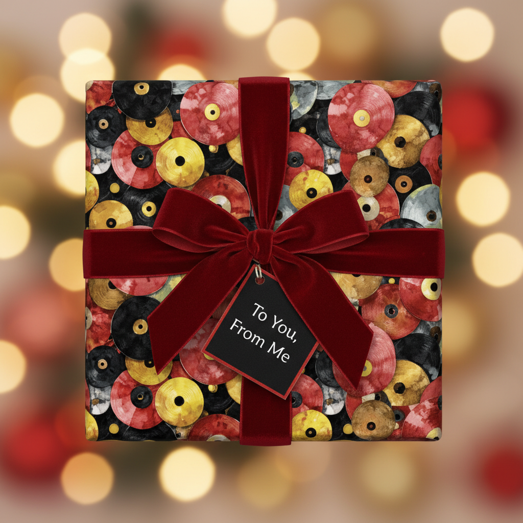 Square gift box wrapped in vinyl record wrapping paper with red velvet ribbon.