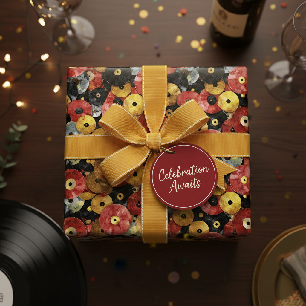 Square gift wrapped in colorful vinyl record wrapping paper with a gold ribbon and "Celebration Awaits" tag.