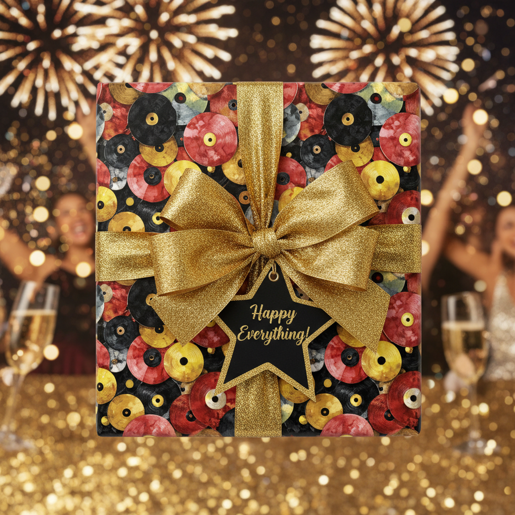 Festive celebration with a square gift wrapped in vintage vinyl record paper and tied with a gold ribbon.