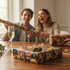 Stylish floral wrapping paper on gifts, tied with twine, for a modern birthday celebration with friends.
