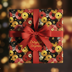 Square gift wrapped in retro vinyl record wrapping paper with red ribbon & "Delightful Surprises" tag.