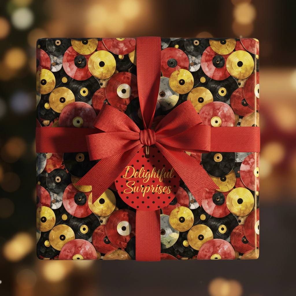 Square gift wrapped in retro vinyl record wrapping paper with red ribbon & "Delightful Surprises" tag.