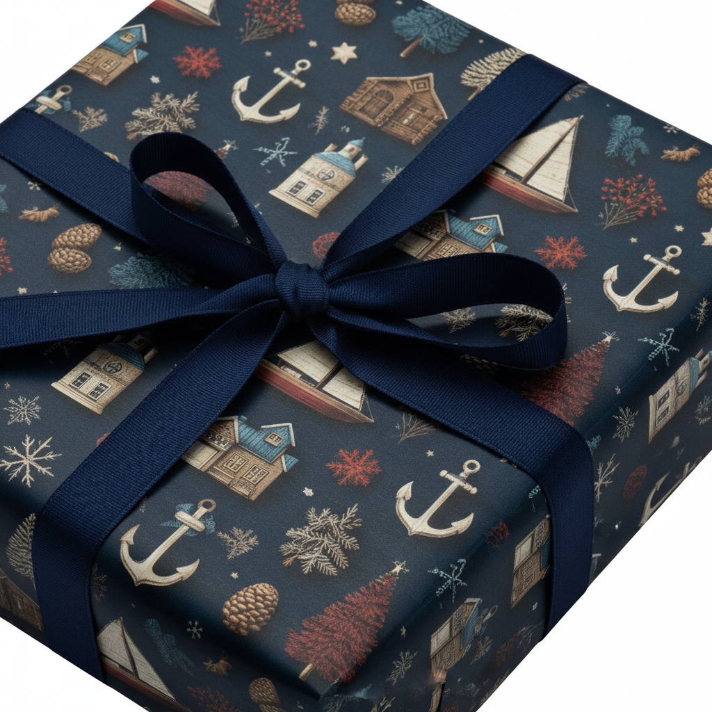 Nautical Christmas gift wrapping paper with anchors, lighthouses, pinecones, and trees on a navy background, tied with a blue ribbon.