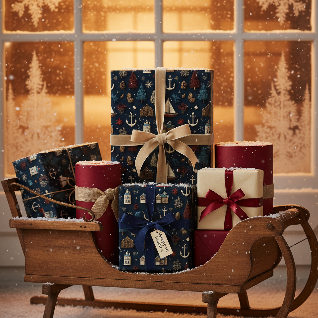 Luxury Christmas gift wrap with nautical and pine tree patterns, tied with satin and velvet bows, in a snowy holiday window scene.
