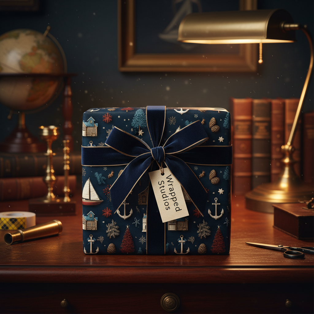 Luxury nautical Christmas wrapping paper with anchors, sailboats, and houses, tied with a velvet navy blue bow and gift tag, on a vintage desk.