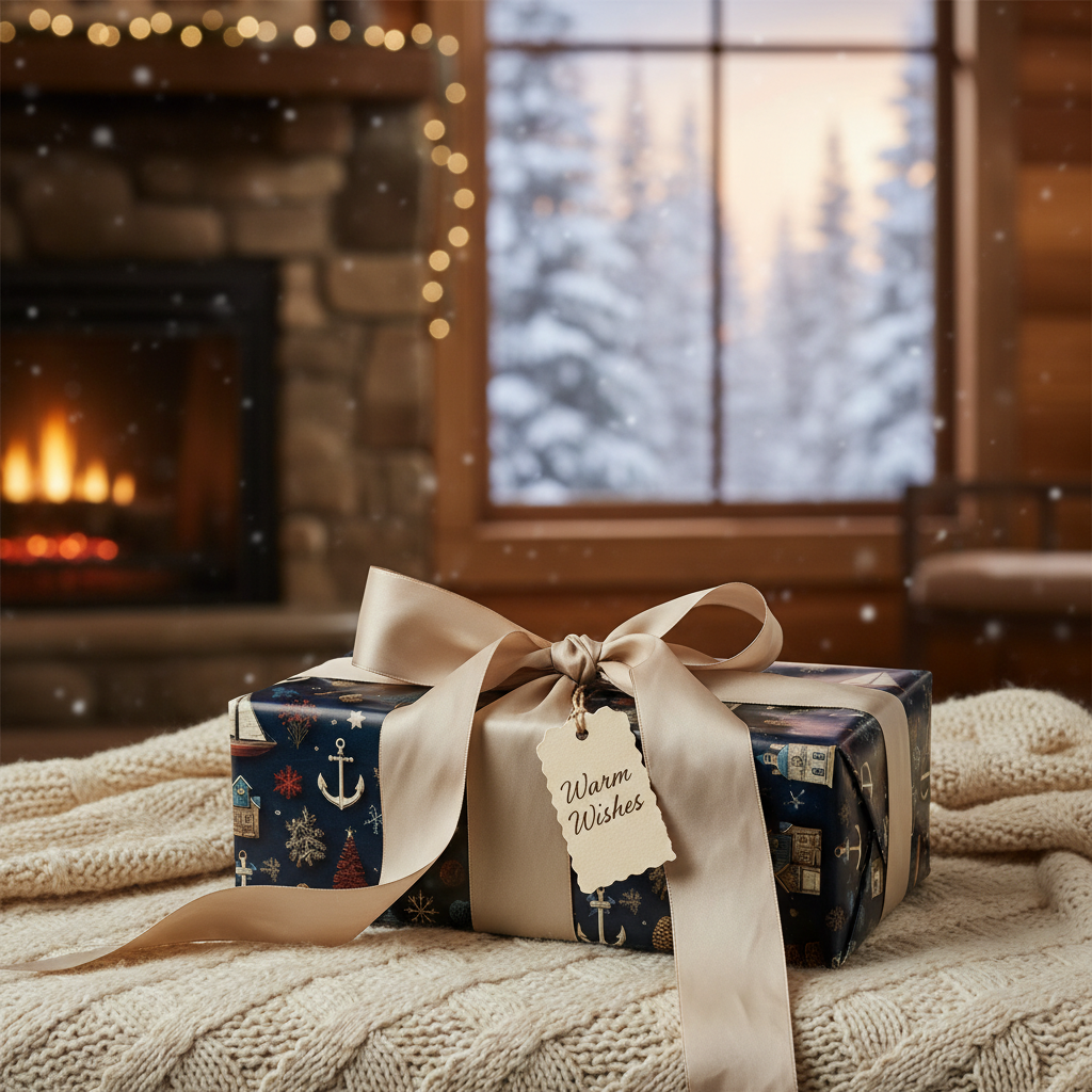 Luxury winter holiday wrapping paper with nautical elements, golden ribbon, and "Warm Wishes" tag, set in a cozy fireplace scene.