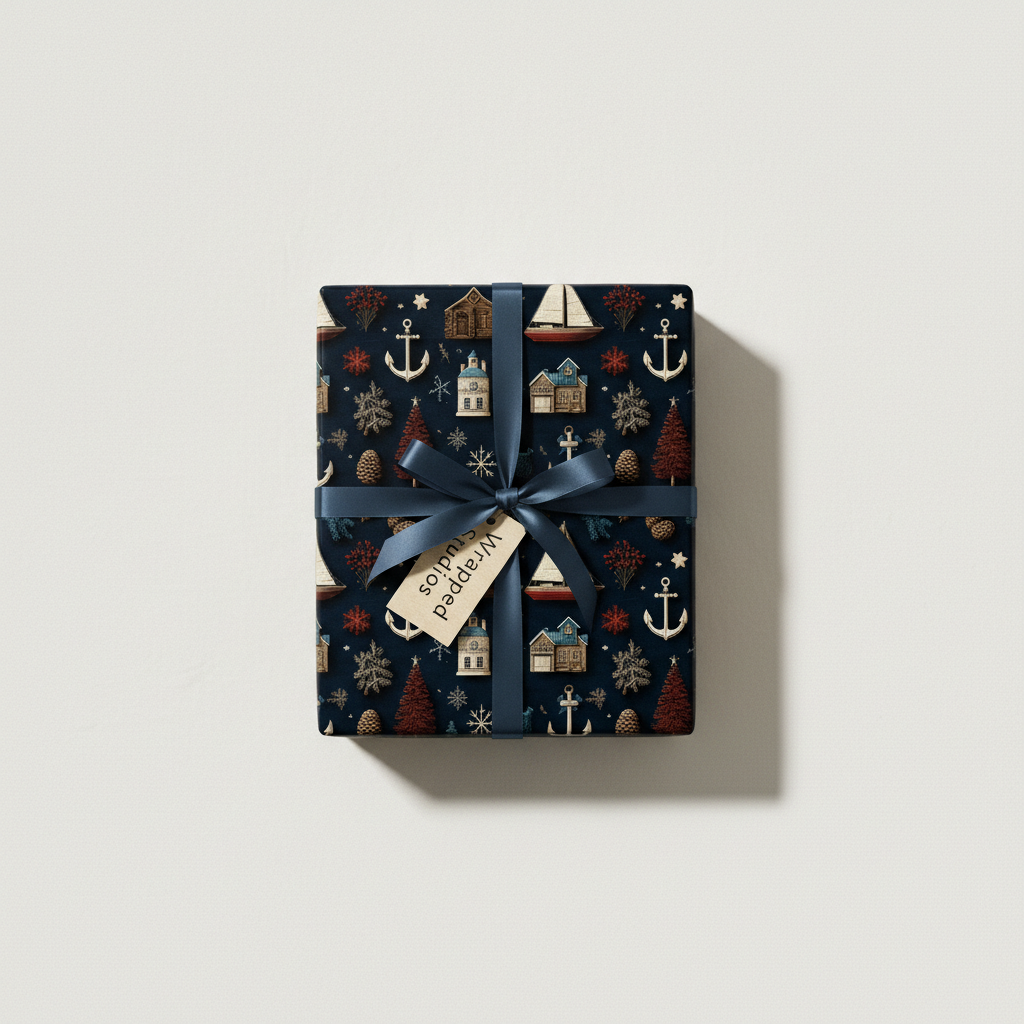 Nautical Christmas wrapping paper with anchors, sailboats, and houses on a dark blue background, tied with a navy ribbon and tag.