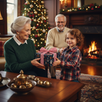 Happy little boy in a plaid shirt giving a Christmas gift to his grandmother in a festive living room by the fireplace and Christmas tree.