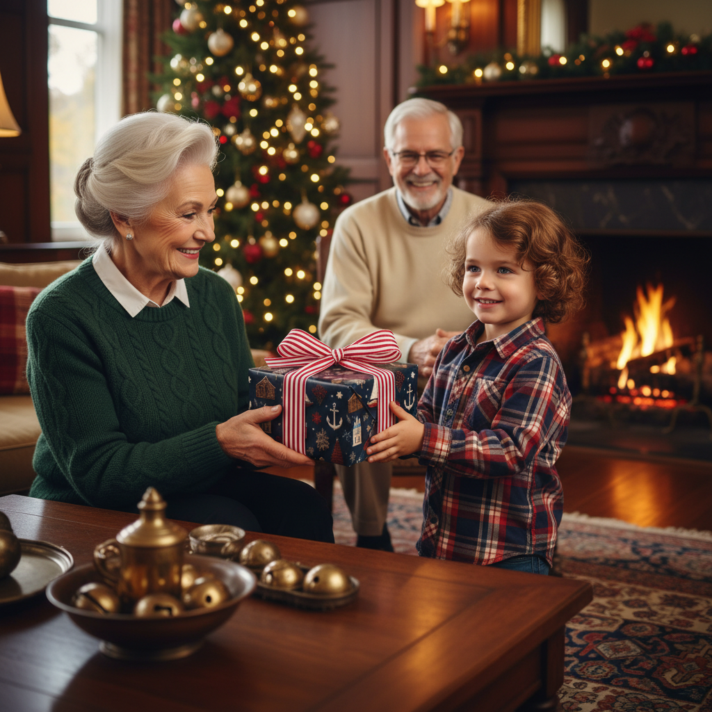 Happy little boy in a plaid shirt giving a Christmas gift to his grandmother in a festive living room by the fireplace and Christmas tree.