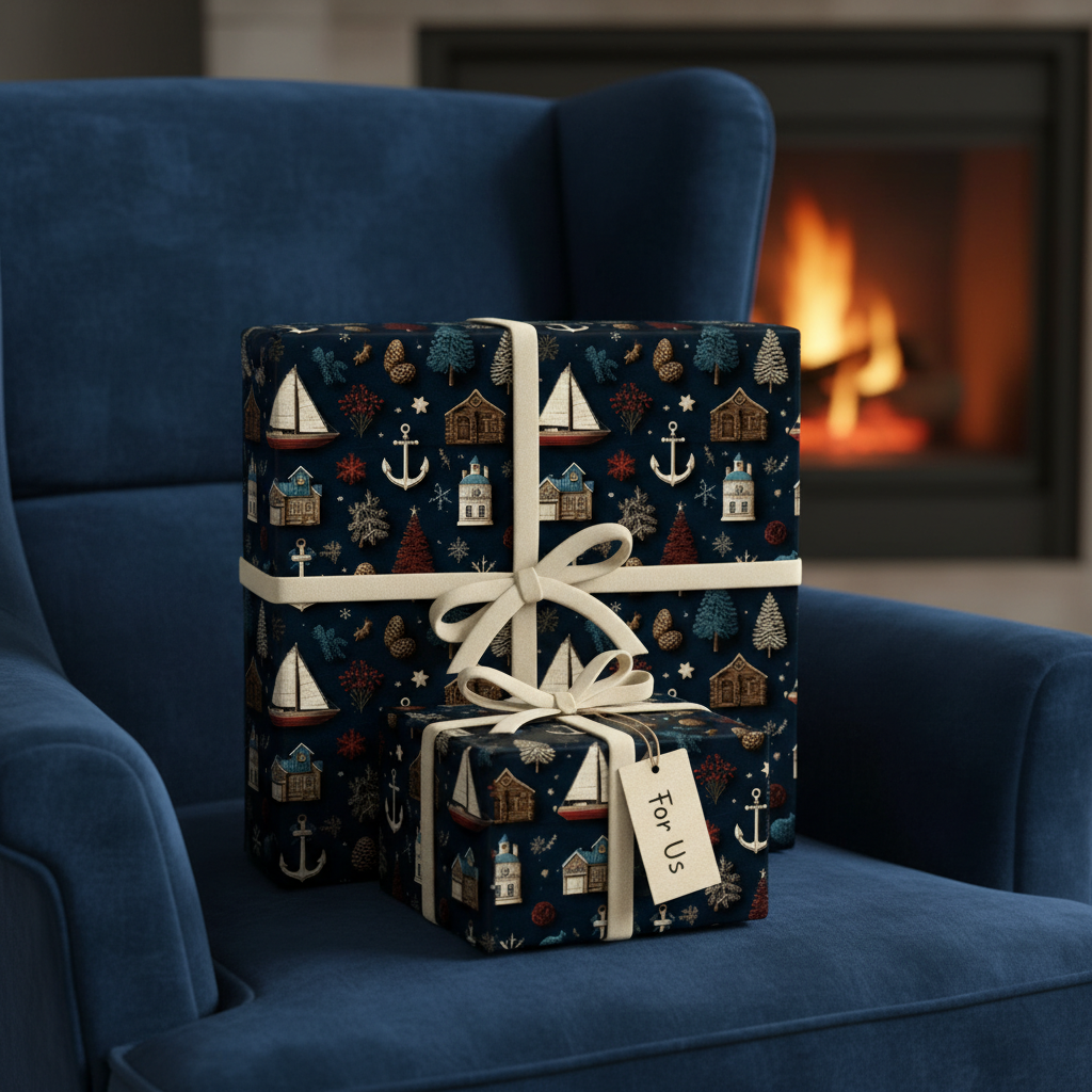 Nautical Christmas wrapping paper with festive boats, anchors, and cozy winter village houses on dark blue, tied with cream ribbon, on a blue armchair by a fireplace.