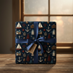 Nautical winter holiday wrapping paper with sailboats, anchors, and lighthouses, tied with a navy blue ribbon.