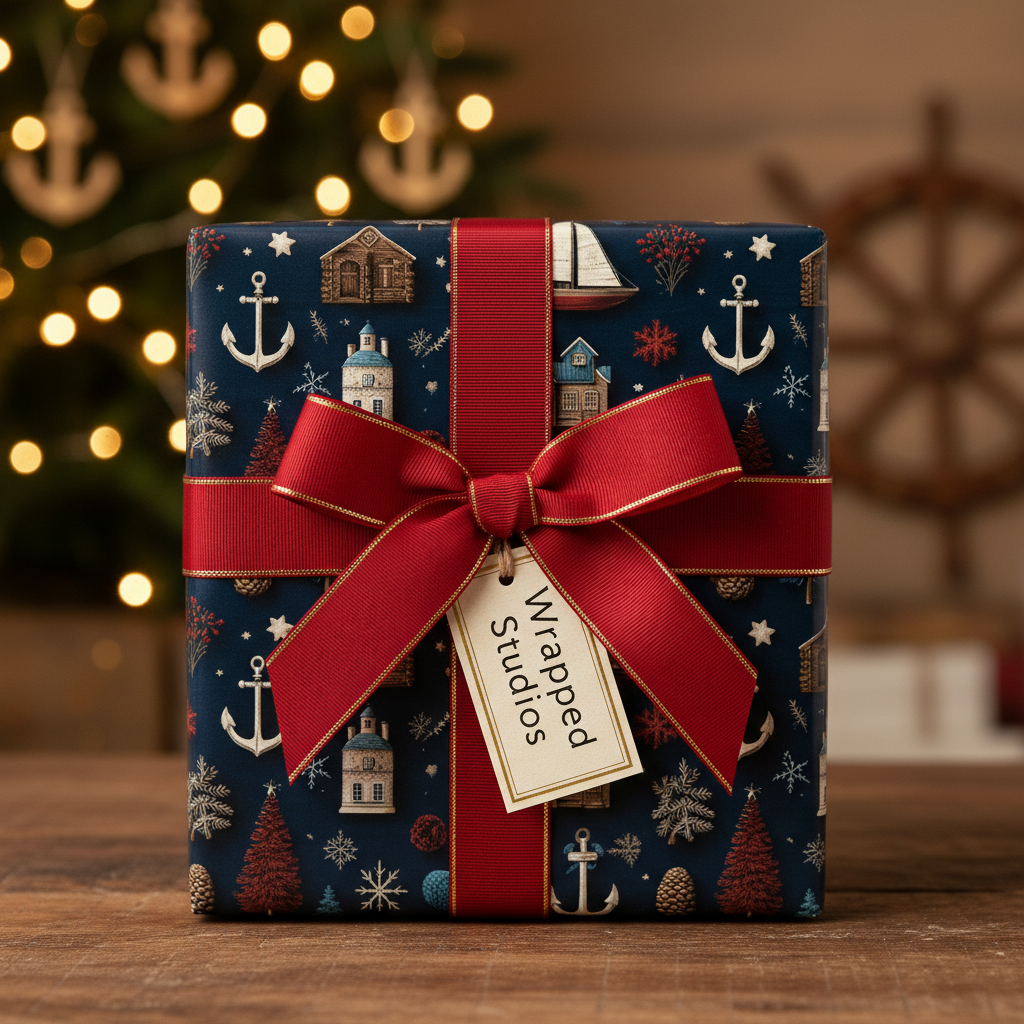Nautical Christmas wrapping paper with anchors, boats, and houses on a dark blue background, tied with a red ribbon and bow.