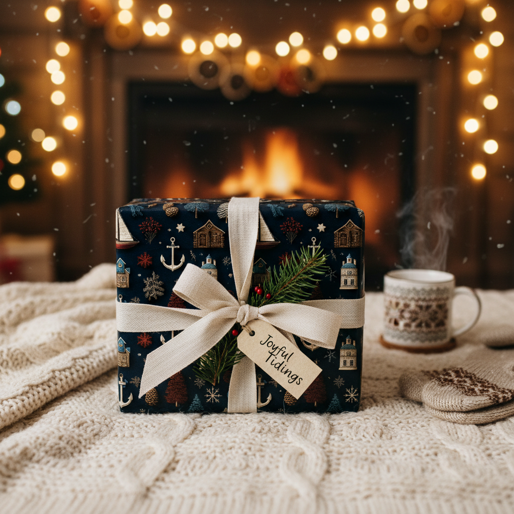 Cozy rustic holiday wrapping paper with a nautical winter village pattern, cream ribbon, fir sprig, and "Joyful Tidings" tag by a fireplace.