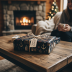 Navy nautical-themed Christmas wrapping paper with anchors and houses, tied with rustic twine, on a wooden table by a cozy fireplace.