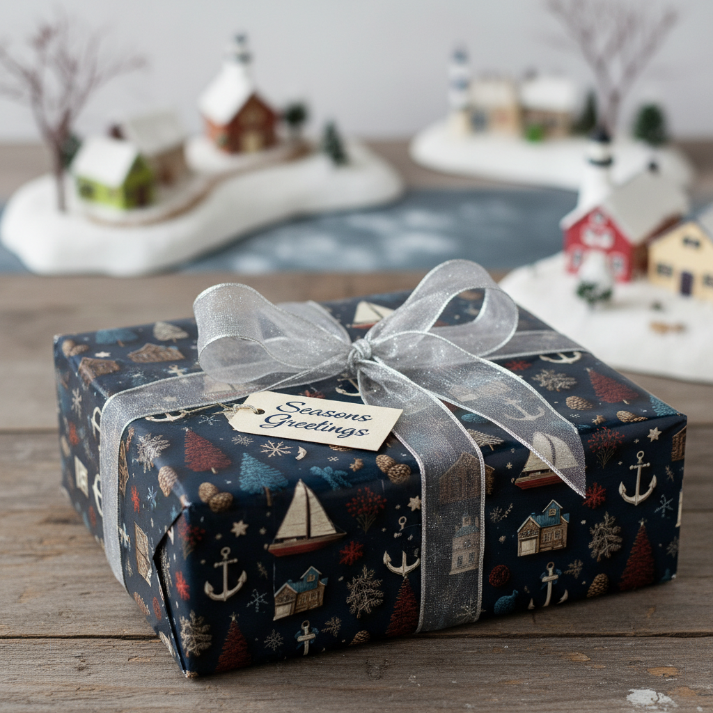 Nautical Christmas gift wrap with sailboats, anchors, and trees, tied with a silver bow and "Seasons Greetings" tag.