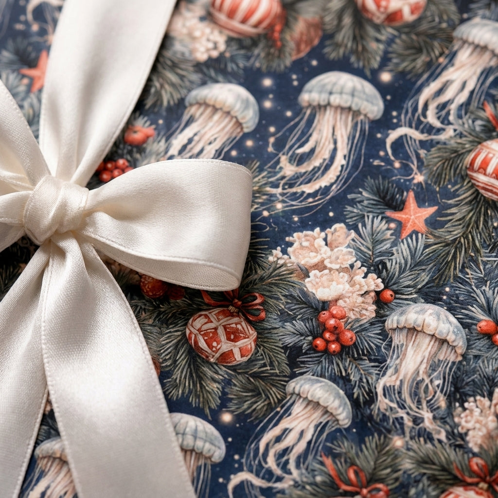 Coastal Christmas wrapping paper with jellyfish and a white satin bow by Wrapped Studios.