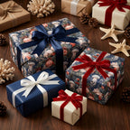 Coastal Christmas wrapping paper with jellyfish and holiday ornaments on luxury gift boxes by Wrapped Studios.
