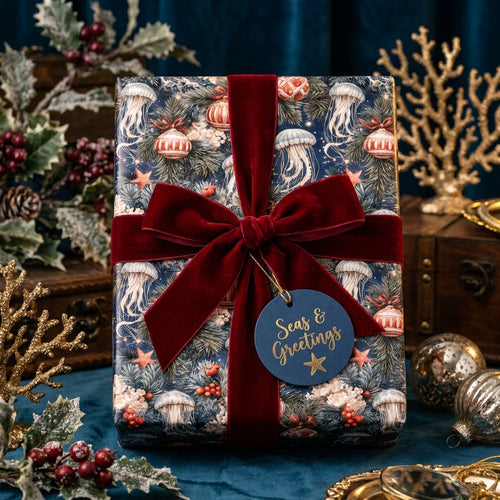 Coastal Christmas wrapping paper with jellyfish pattern and burgundy velvet bow by Wrapped Studios.