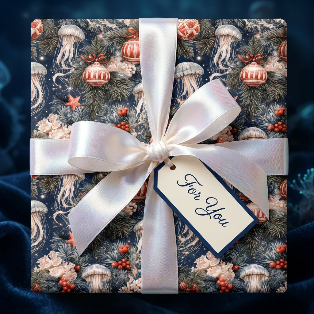 Coastal Christmas wrapping paper with jellyfish and ornaments, tied with a satin bow by Wrapped Studios.