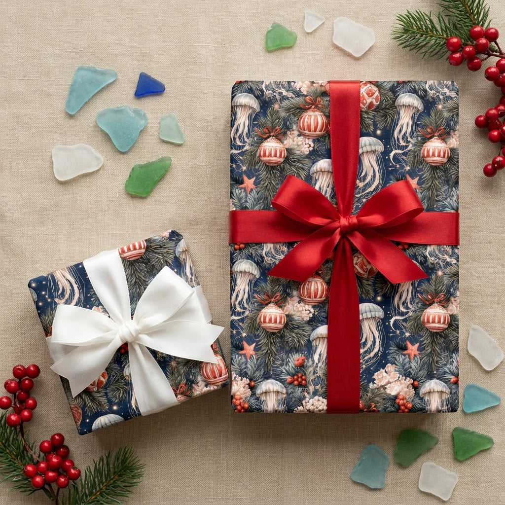 Coastal Christmas wrapping paper with jellyfish by Wrapped Studios, featuring red and white satin bows.