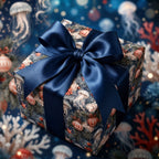 Luxury coastal Christmas wrapping paper with jellyfish and a blue satin bow by Wrapped Studios.