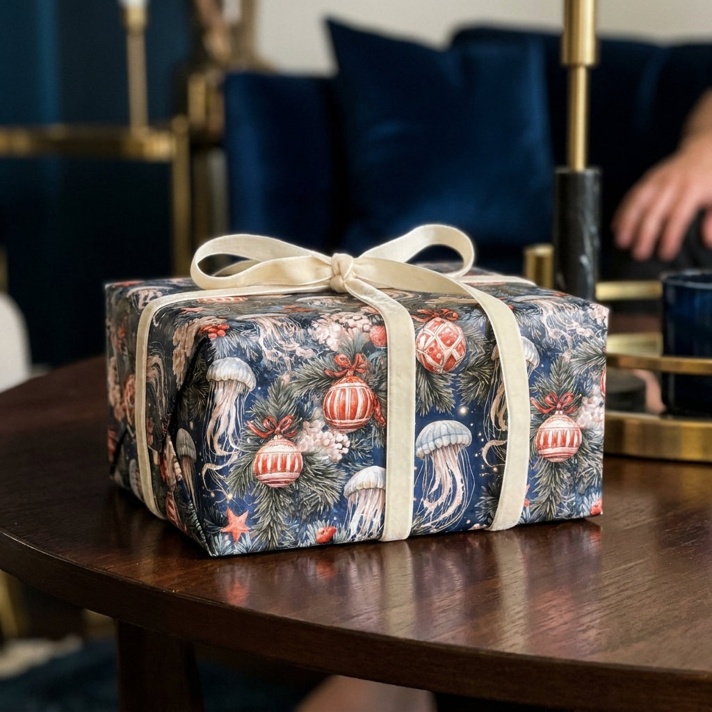 Coastal Christmas wrapping paper featuring jellyfish and a cream bow by Wrapped Studios.