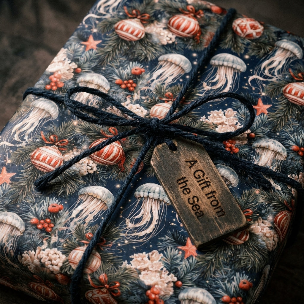 Coastal Christmas wrapping paper with jellyfish pattern and a rustic wooden tag, by Wrapped Studios.