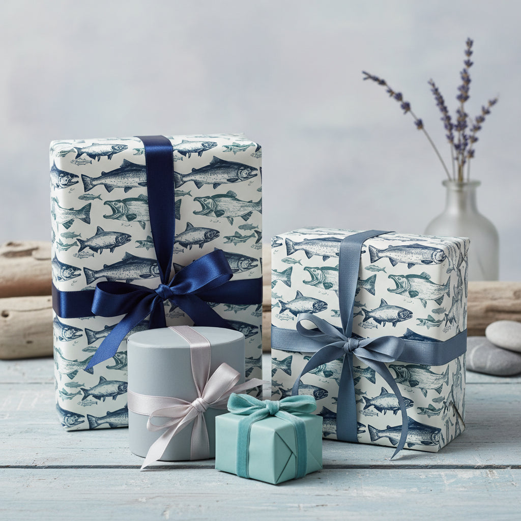Gifts wrapped in blue fish-themed wrapping paper with coordinating ribbons for a nautical birthday or special occasion.