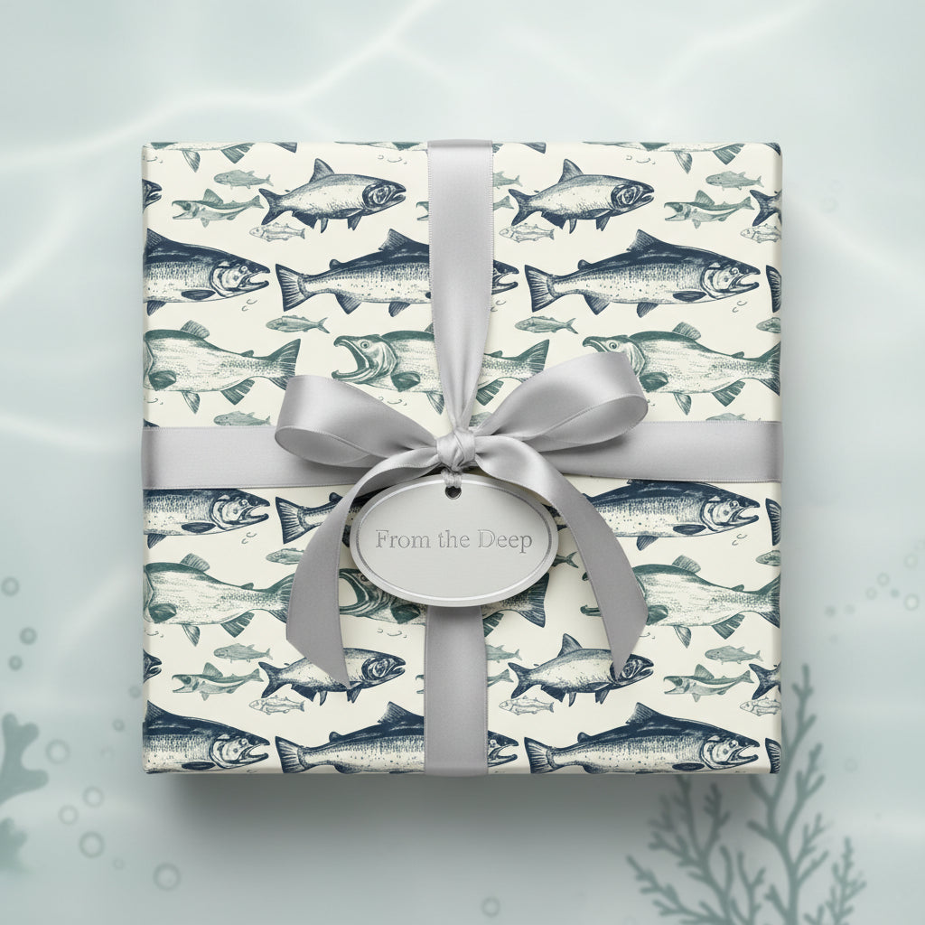 Gift wrapped in novelty fish wrapping paper with a silver ribbon and a "From the Deep" tag.