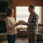 Couple exchanging a gift wrapped in rustic fish pattern wrapping paper with ribbon in a cozy home.
