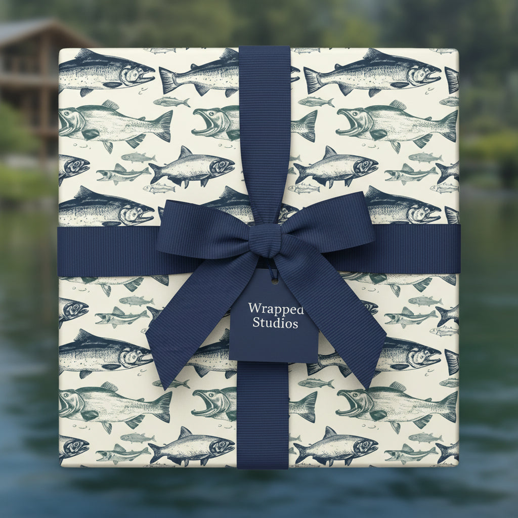 Square gift wrapped in fish-patterned paper with a navy ribbon and bow.