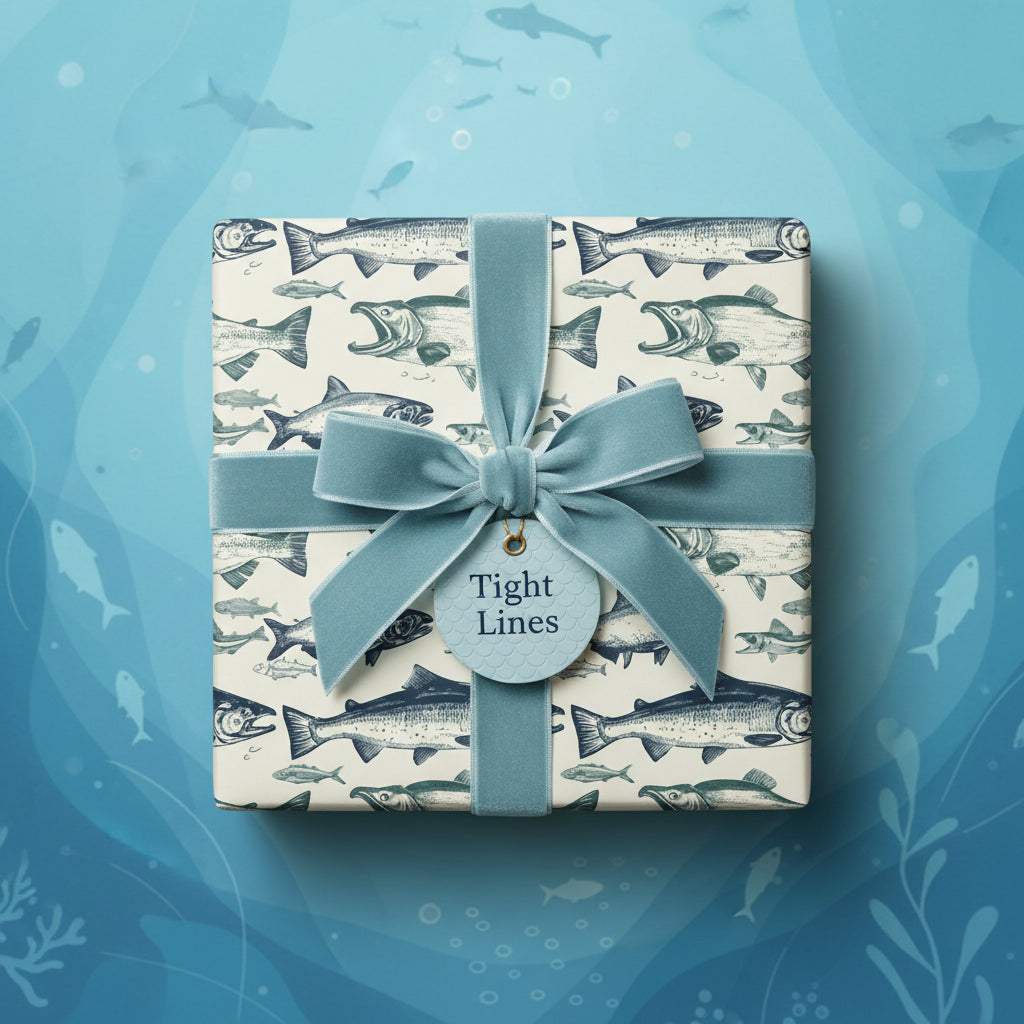 Square gift box in fish-themed wrapping paper with light blue velvet ribbon.