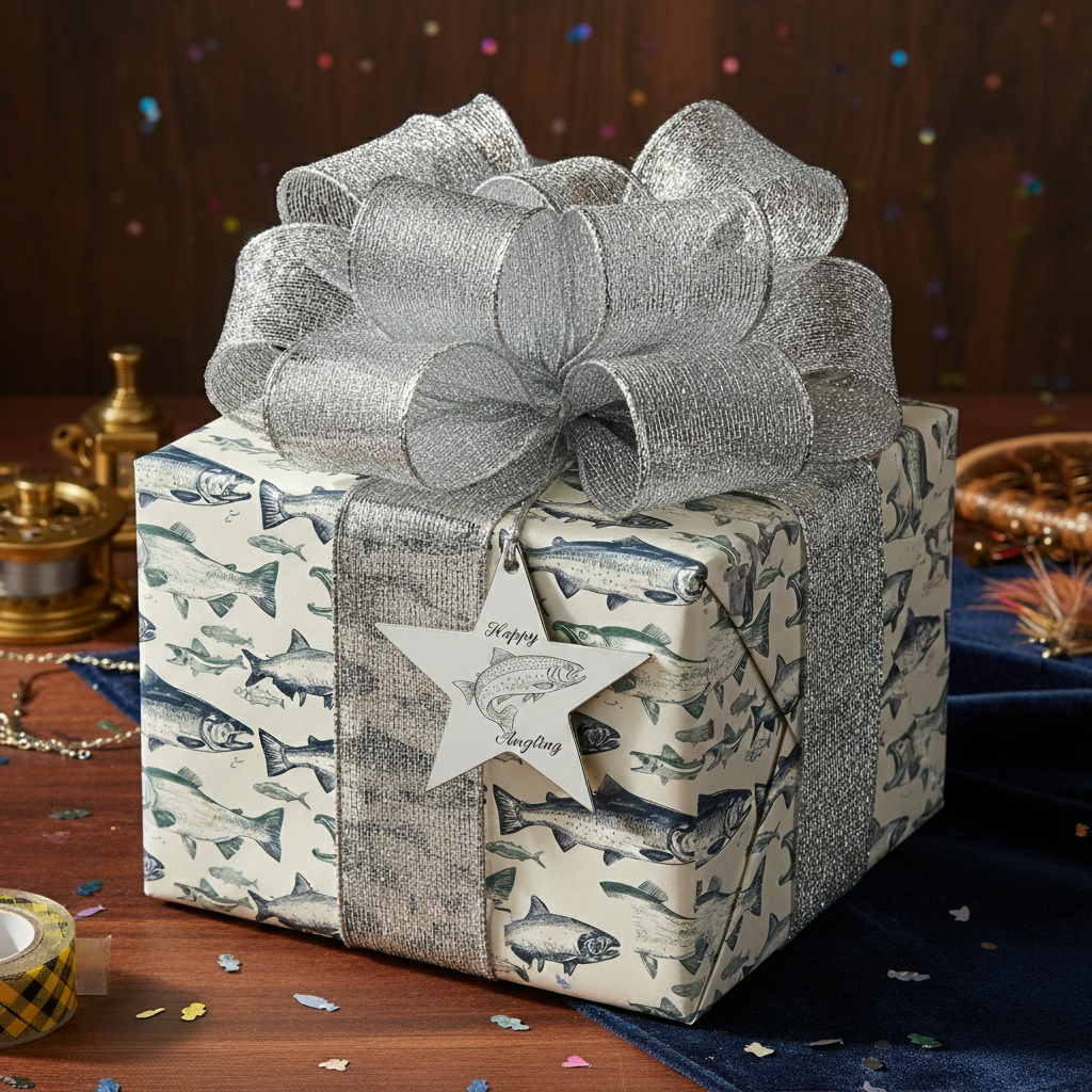 Elegant gift wrapped in fishing-themed wrapping paper with silver ribbon and bow for an angling enthusiast.