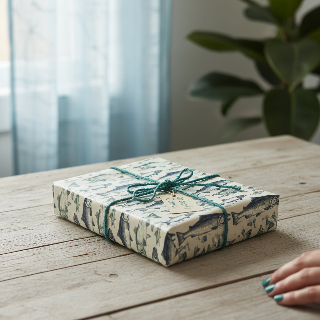 Wrapped gift with blue fish wrapping paper and twine on a rustic wood table.