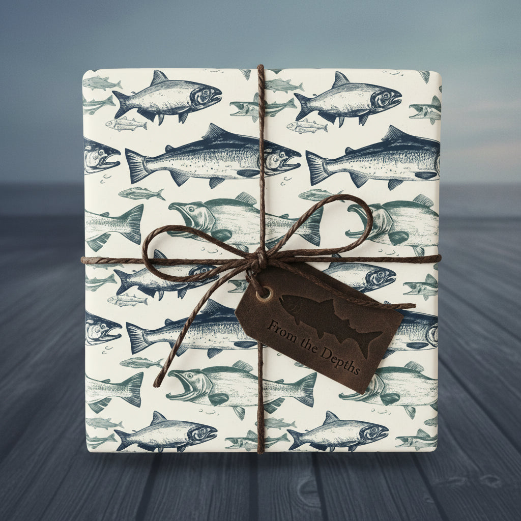 Square gift wrapped in novelty fish wrapping paper with twine bow and leather tag.