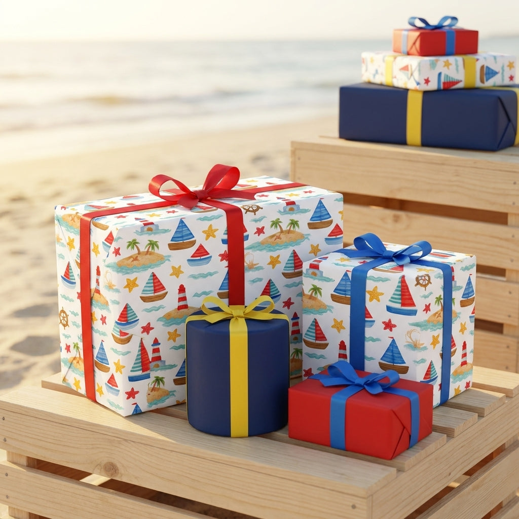 Nautical wrapping paper with sailboats and lighthouses on beach gift boxes by Wrapped Studios.
