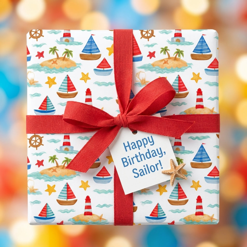 Nautical birthday wrapping paper with watercolor sailboats and red ribbon by Wrapped Studios.