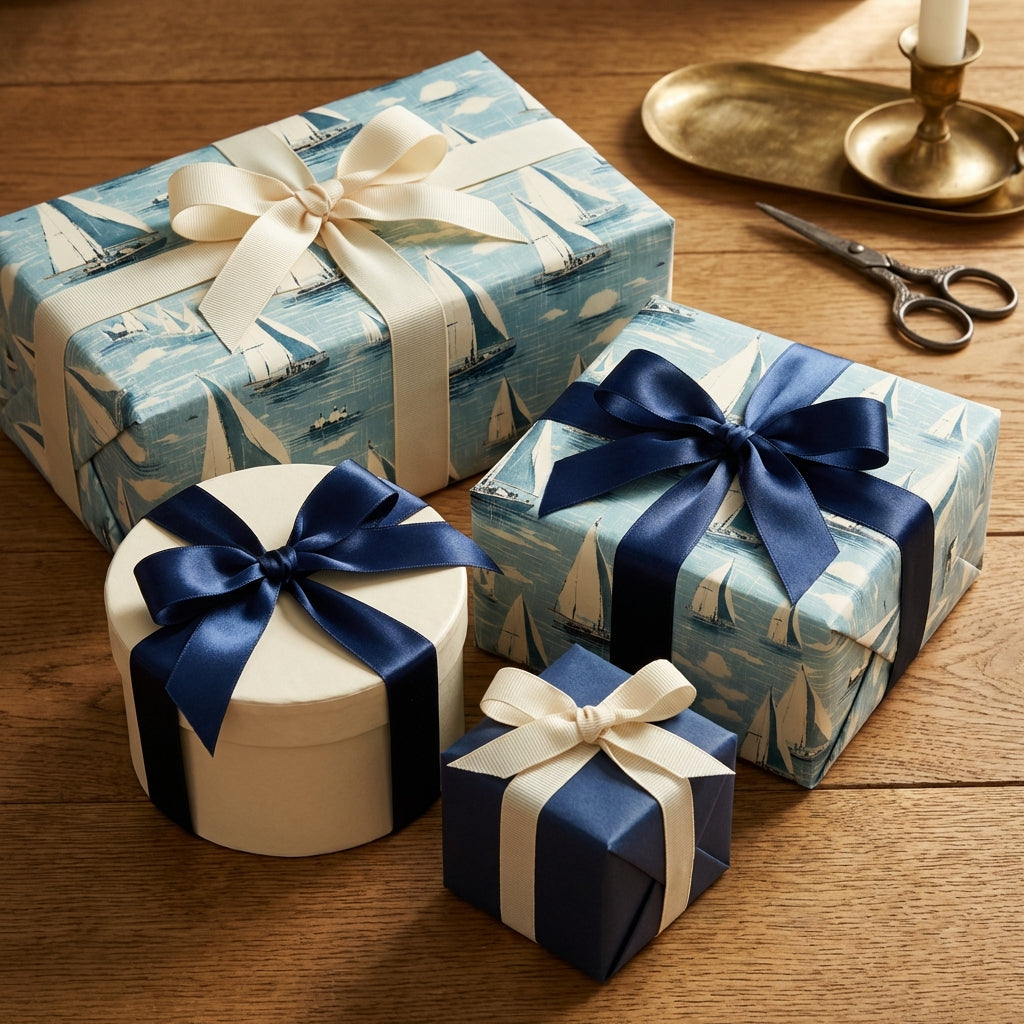 Elegant gifts wrapped in sailboat-patterned paper with navy and cream ribbons on a wooden table.