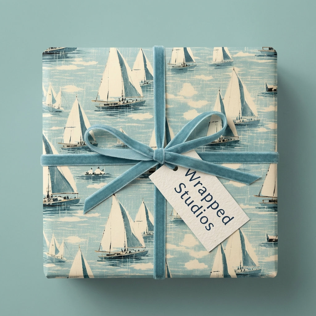 Nautical wrapping paper featuring a sailboat pattern, tied with a teal velvet ribbon and gift tag.