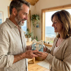Woman receiving a gift wrapped in nautical sailboat wrapping paper with ivory ribbon.