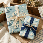 Sailboat wrapping paper on gifts tied with ribbon, nautical themed present wrap for birthdays.